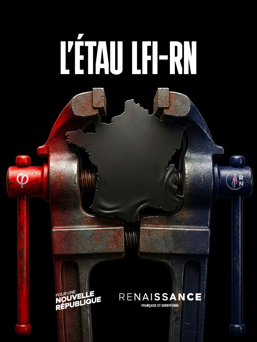 Renaissance's tweet image. LFI et le RN sont les deux faces d’une même volonté de détruire. Nous refusons de laisser la France en étau entre la fureur et la haine. 

Il est temps de réagir. Rejoignez-nous : parti.re/Adhérez