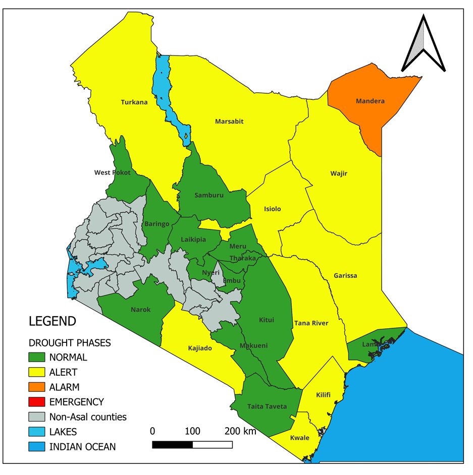 NDMA_Kenya's tweet photo. The drought situation across ASAL counties is deteriorating following poor performance of the Oct-Dec 2025 short rains season. @NDMA_Kenya CEO @HaredAHassan today briefed the 14th Development Partnership Forum hosted by Deputy President H.E Prof. Kithure Kindiki @_KithureKindiki at the Official Residence in Karen.
According to the Drought Early Warning System managed by NDMA, Mandera County remains in the 'Alarm' drought phase. Nine (9) counties, including Turkana, Wajir, Garissa, Marsabit, Isiolo, Kajiado, Kilifi, Kwale, and Tana River, are classified in the 'Alert' phase. Thirteen (13) counties remain in 'Normal' phase, though more than half show worsening trends, particularly in water and livestock indicators.
The Government, in collaboration with humanitarian and development partners, is scaling up drought response interventions to cushion at least 2.1 million food-insecure people and protect livelihoods in affected areas alongside long-term resilience measures.
