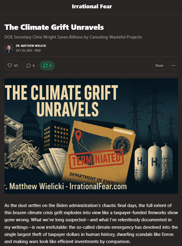 MatthewWielicki's tweet image. The climate crisis wasn’t a mistake.
It was a business model.

Trillions spent.
Zero accountability.
Endless NGOs, vaporware startups, and political insiders getting rich... while emissions kept rising.

In The Climate Grift Unravels, I document how billions in DOE climate…
