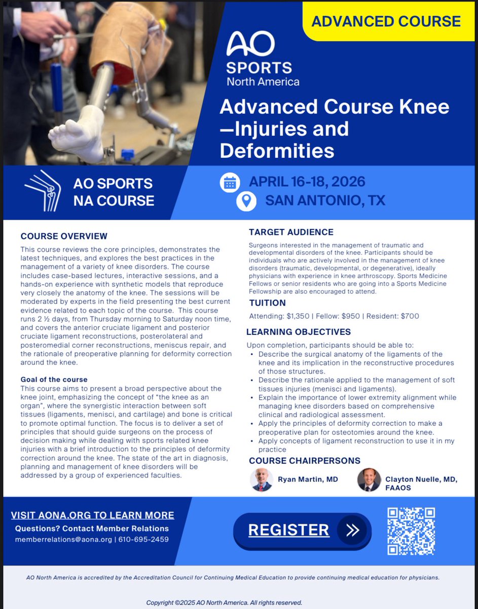 Interested in learning advanced knee surgical techniques?

Sign up for the AO Advanced Knee course April 16-18 in San Antonio, TX! Register via the QR code below👇.