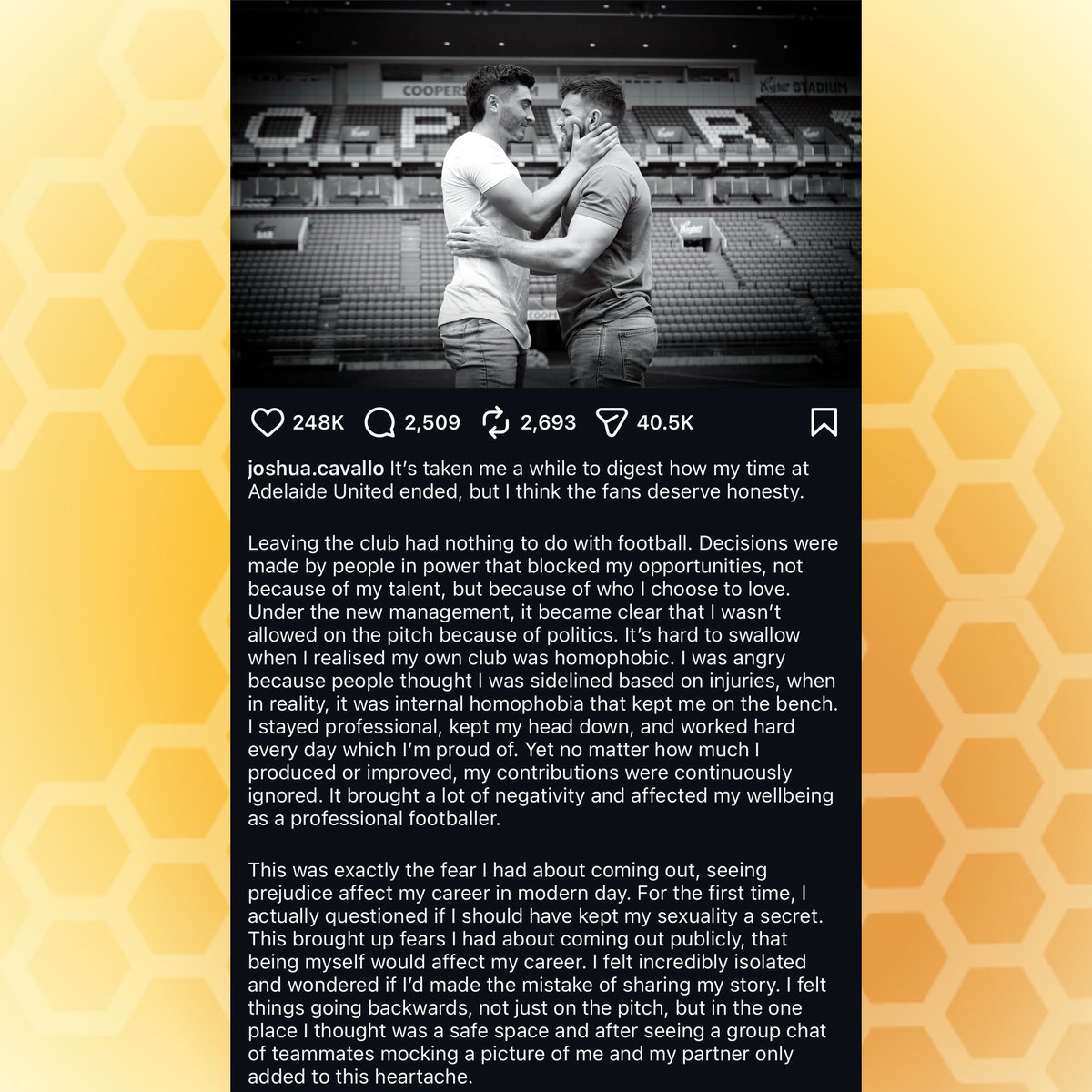 BuzzingPop's tweet image. Australian pro soccer player Joshua Cavallo, the first male to come out as gay while playing top-tier soccer, calls out his former club Adelaide United for allegedly pushing him out due to “internal homophobia”.

“Decisions were made by people in power that blocked my…