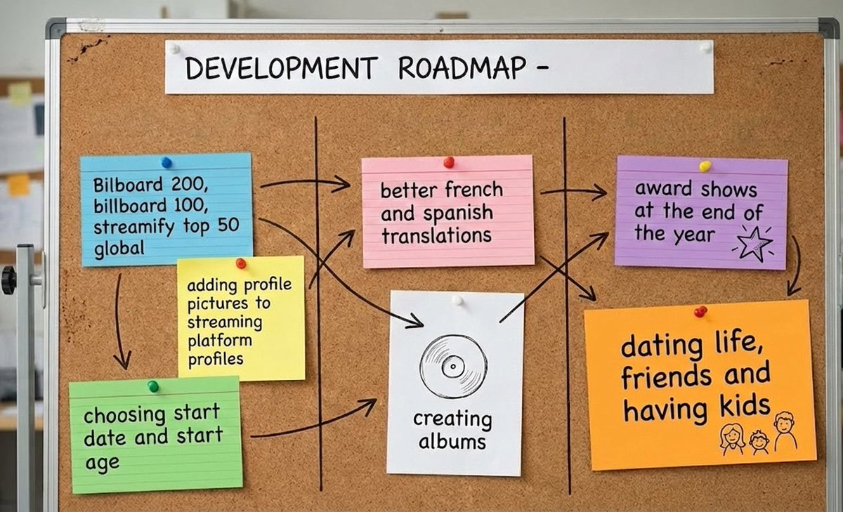 SingerLifeSim's tweet image. Hi everyone! Thank you for playing our game! I'm more happy right now! This is our current roadmap for future features. All of these ideas came directly from you through the "Help us improve our game" section in our game. Please share your feedback with us to improve our game!