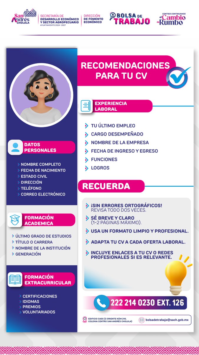 🌟🚀¿Quieres mejorar tu perfil profesional? En el #GobiernoDeResultados te acompañamos en el proceso con herramientas para optimizar tu Currículum Vitae.🎯

💼Bolsa de Trabajo: 📞222 214 0230 ext. 126 o en 📍 Edificio CABS, de 9:00 a 15:00 hrs.

#ContigoContinuamosElCambioDeRumbo