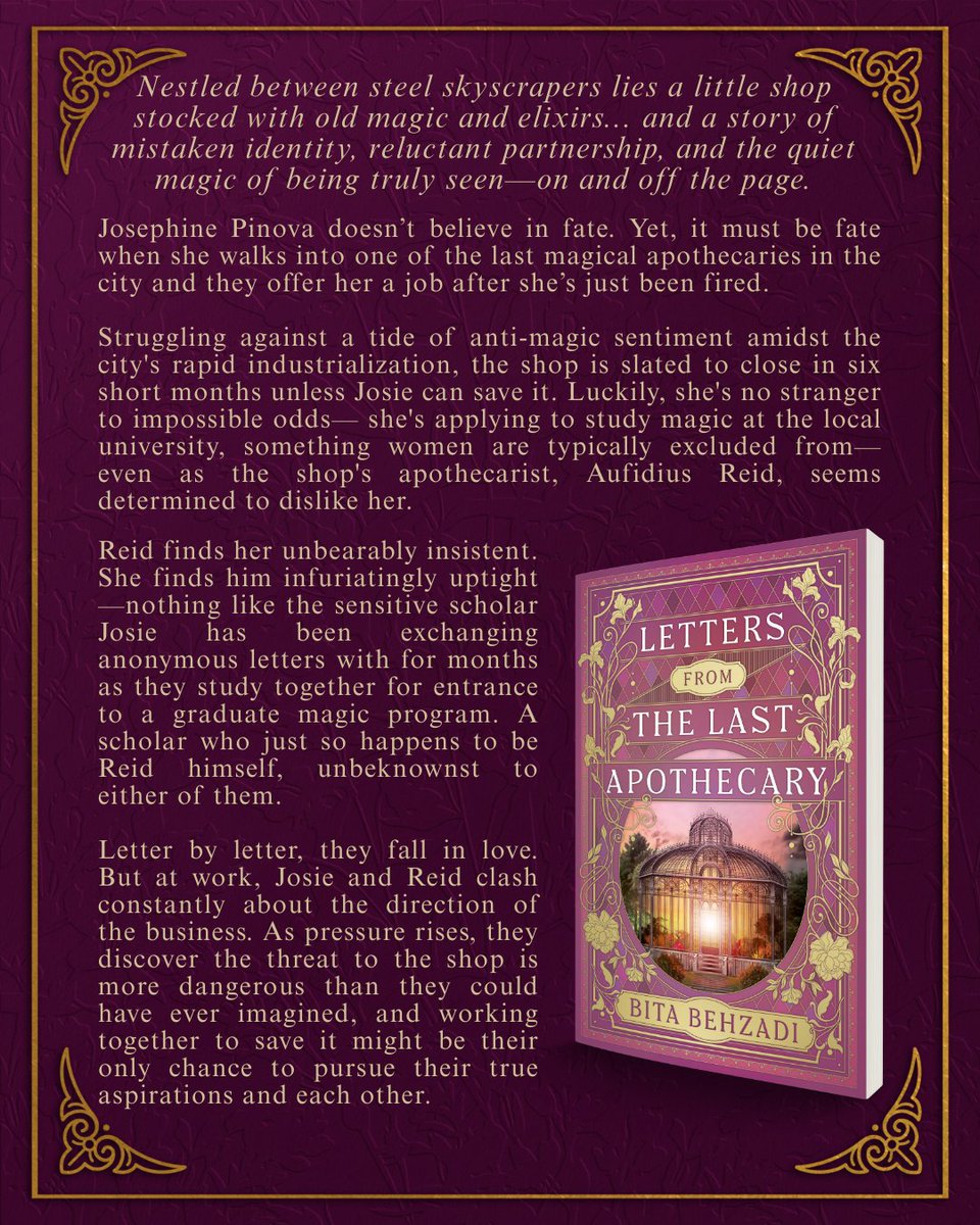 BitaBehz's tweet image. ✨COVER REVEAL✨

Absolutely ecstatic to reveal the cover of my lighthearted romantic fantasy, LETTERS FROM THE LAST APOTHECARY.

If you were interested in reading, the book is now on NetGalley!! SNAP IT UP WHILE IT'S READ NOW!

Designed by: Michael J Windsor