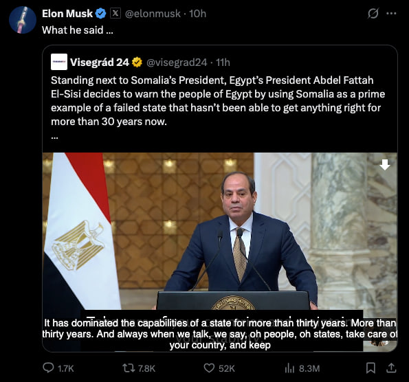 ezzeldendevidar's tweet image. حتى آيلون ماسك يسخر من #السيسي 
السيسي بغل الديبلوماسية، واقف في مؤتمر صحفي مع رئيس الصومال، فبمنتهى الوقاحة يستغل الفرصة لكي يوجه حديث للمصريين ويشير للصومال كدولة فاشلة ويضرب بها المثال التحذيري للمصريين، منتهى الجحوشية السياسية ، وقلة الذوق ،وقلة الأدب مع رئيس دولة عربية شقيقة…