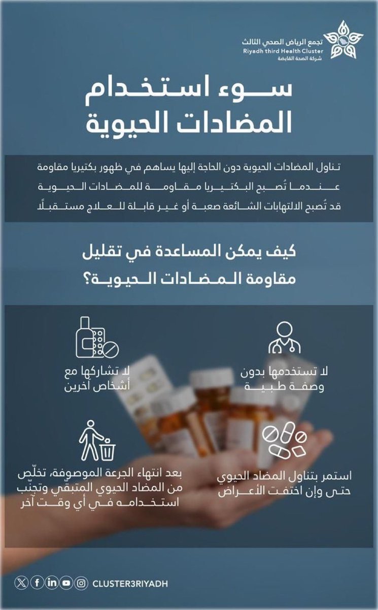 💊 | سوء استخدام المضادات الحيوية يقلل فعاليتها ويزيد مقاومة البكتيريا.

#معلومة_تهمك 
#تجمع_الرياض_الصحي_الثالث