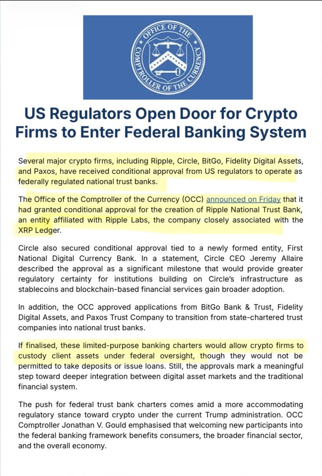The #XRP Ledger is moving closer to federal oversight as Ripple advances its Office of the Comptroller of the Currency trust bank approval.

This is now officially on record.
