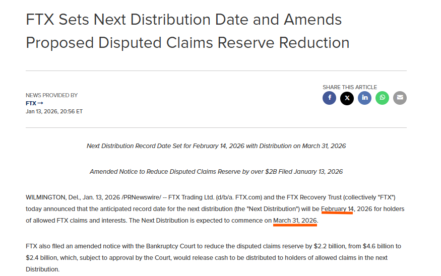 claims_market's tweet image. The next and fourth #FTX Distribution is set for Mar. 31 for eligible claimholders as of the Feb. 14 Record Date. FTX, which did not disclose the amount of the next Distribution, is also seeking to further reduce its Disputed Claims Reserve by $2.22b to $2.38b, citing available