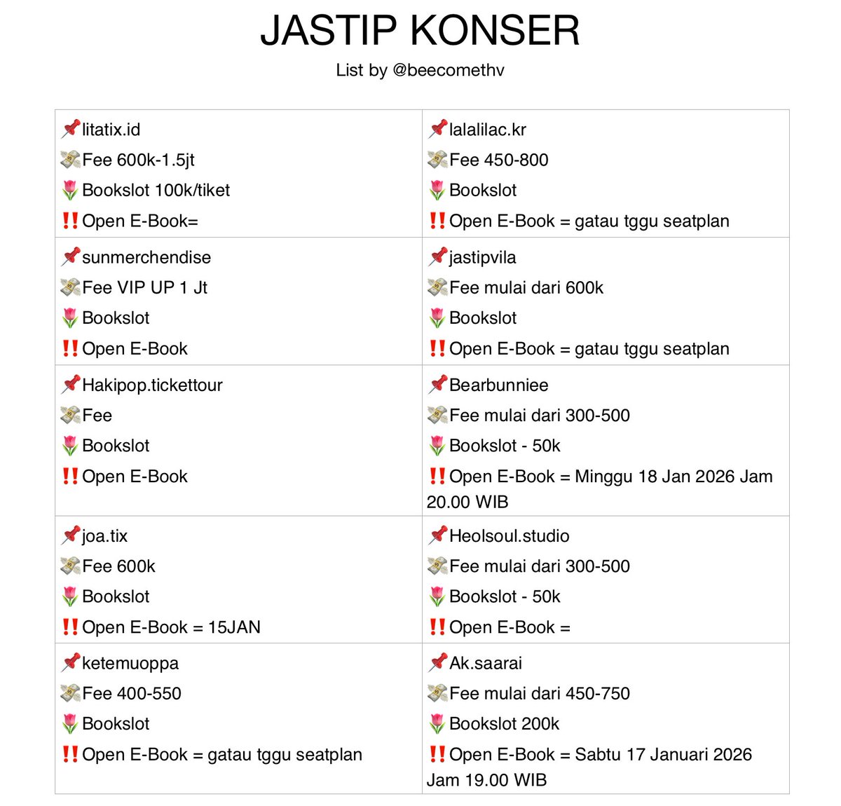 beecomethv's tweet image. 🤩List jastip konser yang aku survei today🤝 (beberapa msh ada yg coming soon)

Ini bayangan untuk kalian mau jastip dimana, tapi semua balik lg ke masing” dan ingat JANGAN PANIK BUYYING☝🏻 semua harus dilihat identitas, testimoni, tnc/kejelasan jastipnya👍

Kalau ada jastip yg…
