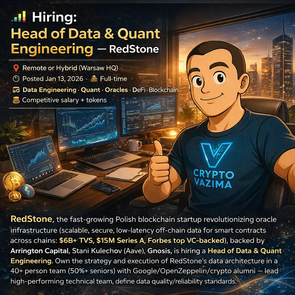 📊 Hiring: Head of Data & Quant Engineering — RedStone 📍 Remote or Hybrid  (Warsaw) | 💼 Full-time | 🧑‍💻 Data · Quant · Oracles · DeFi · Blockchain  | 🕐 Posted