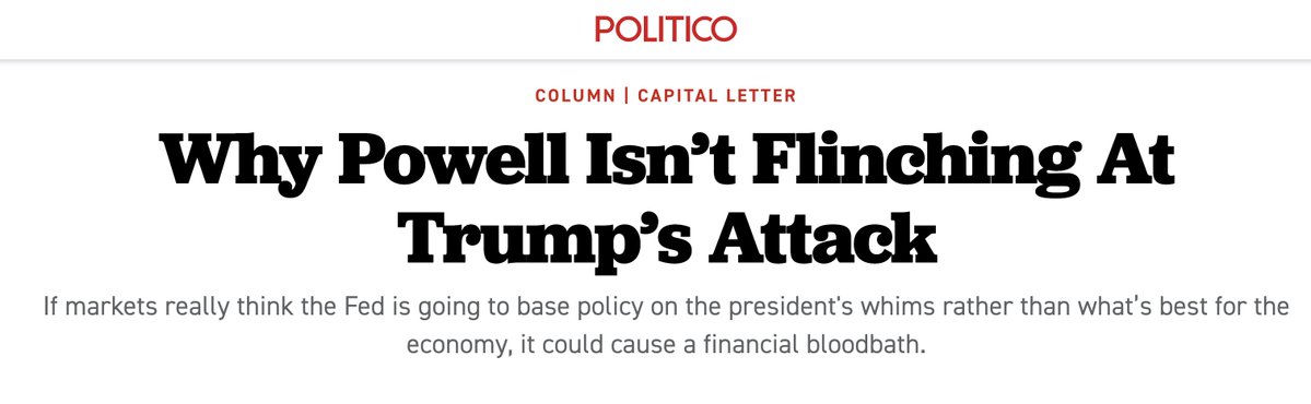 profstonge's tweet image. Politico claims markets will be a "bloodbath" if Fed independence is cast into doubt.

Back in the real world, the S&amp;amp;P closed Friday at 6966. 

After Powell's video accusing the administration of "intimidation" the S&amp;amp;P closed Monday at... 6977.