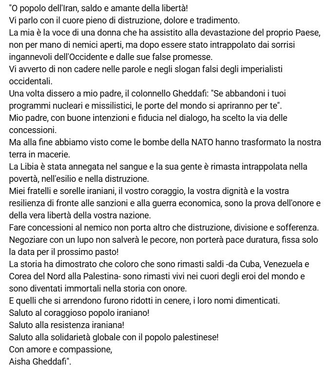 MarioNawfal's tweet photo. 🇱🇾 🇮🇷 GADDAFI'S DAUGHTER WARNS IRANIANS: “NEGOTIATING WITH THE WOLF WILL NOT SAVE THE LAMB”

Aisha Gaddafi sent a message to the people of Iran: don’t trust the West, or you'll end up like Libya.

She says her father gave up nukes hoping for peace, but got bombed by NATO instead.

“Libya drowned in blood,” she says, blaming Western lies and betrayal.

To Iranians, she says: your strength under pressure shows real independence, but any deal with your enemy only delays your destruction.

Source: @SilentlySirs