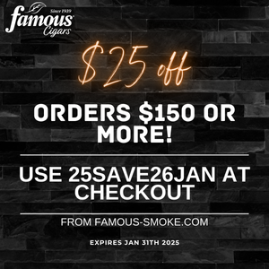 Save $25 off orders of $150 or more! Use 25SAVE26JAN at Checkout: January Famous Cigars Coupon Savings

anrdoezrs.net/click-10051594…
(Click Link to Activate Discount) Exclusions Apply
Find All Cigar Coupons at cigarfinder.com/coupons
Expires: 01/31/26 or While Supplies Last
Brought to