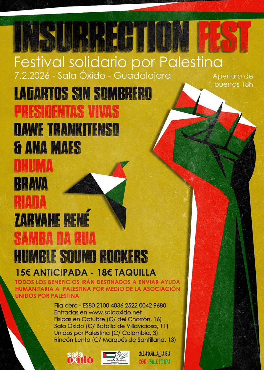 CSOctubre's tweet image. Semana del 2 al 8 de febrero, dedicada a Palestina.

📆 Del 3 al 6 de feb. Semana de cine palestino.¿Cómo organizar un genocido desde los medios? (Agradecimiento a @DaniMayakovski).

📆 El 7 de feb, Insurrection Fest en la @SalaOxido , a beneficio de UnidosXPalestina

¡Atentxs!