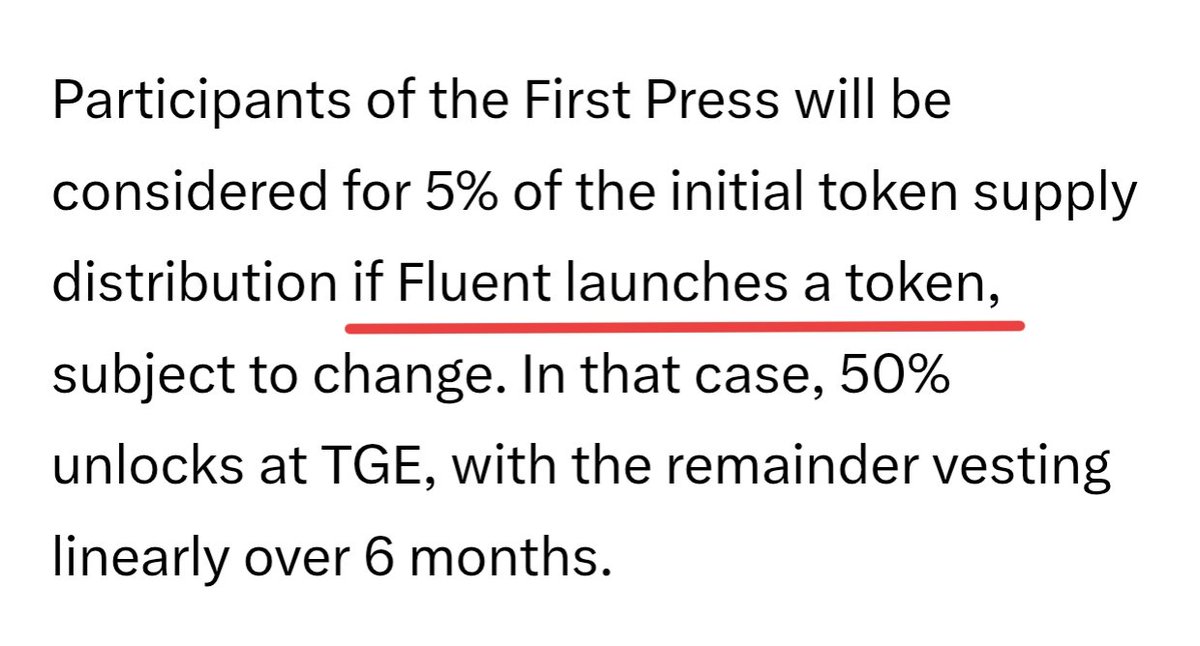 EarnByAbhi's tweet photo. Honestly loved what you guys were doing since then but don't know what went wrong.

I mean, launching an SBT mint where the only utility is sale allocation and then saying :

“if Fluent launches a token, subject to change”

just doesn’t make sense.

So that's just not just uncertainty - uncertainty with 50% vesting.

Means not a single utility announced and the one utility mentioned isn't even certain. What's wrong here?

Things can be simply improved if:
- There is certainty of token allocation at least
- Vesting with better terms

As of now, I'll say it straight - the whole term is complete bullshit.

Expected better from @blendino