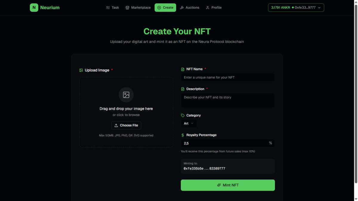 Launching the First NFT Marketplace on Neura

neurium.xyz

Mint, Trade, Own NFTs

Earn Rewards by Completing Tasks

Swap your Task tokens for Ankr - DEX launching soon