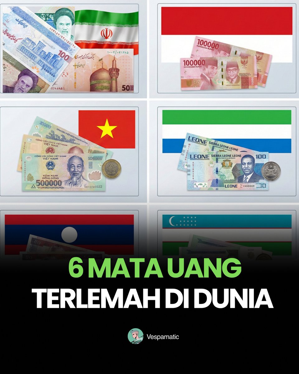 6 MATA UANG TERLEMAH DI DUNIA

1. Pound Libanon , 1 LBP = 0,000011 USD
2. Rial iran , 1 IRR = 0,00 USD
3. Kip Laos , 1 LAK = 0,000046 USD
4. Dong Vietnam , 1 VND = 0,000038 USD
5. Leone Sierra Leone , 1 SLL = 0,041 USD
6. Rupiah Indonesia , 1 IDR = 0,000059 USD

Siapa yang baru