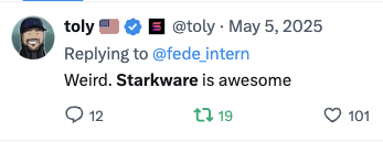 AbdelStark's tweet image. bruhhhhh wtf....
this is unacceptable.
@toly @mert fire the intern now!!!

Weird. Starkware is awesome.
starknet seems way more impressive to me.