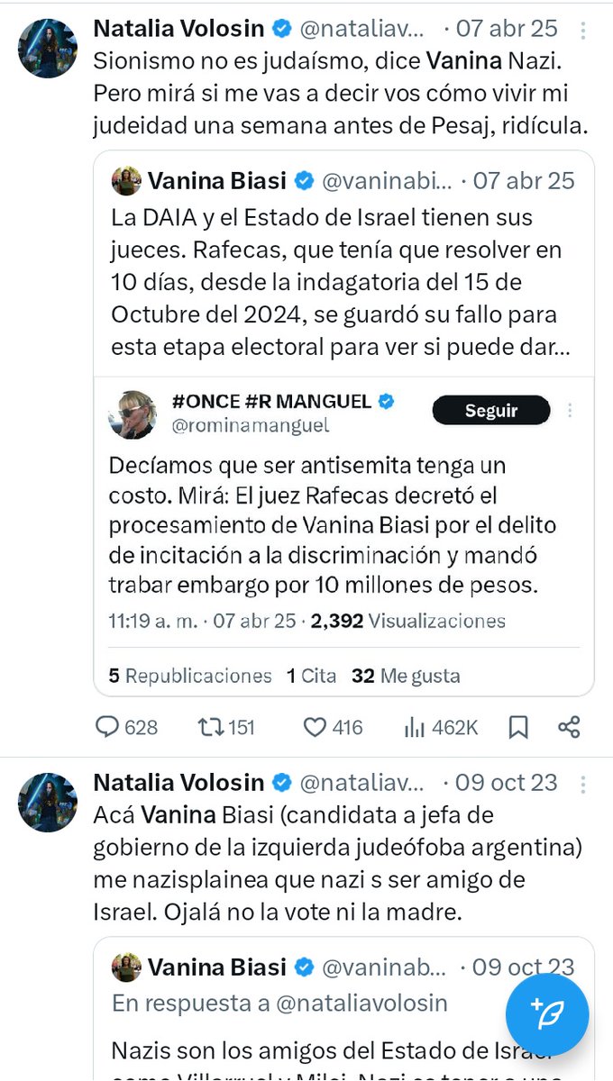 <a href="/nataliavolosin/">Natalia Volosin</a> Opinión? Dejo algunos de tus posteos aqui. No Natalia, esto no es opinar y tus agravios pasaron límites de todo tipo y tuvieron un claro carácter hostigador. Y si, festejaste que me judicializaran. No hay en tus posteos intercambios de ideas, solo agravios. 
Natalia, no expresé