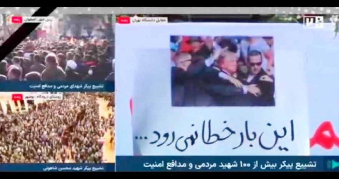 emilykschrader's tweet image. Islamic republic state TV just crossed a red line. Airing an image of President Trump after an attempted assassination (by the regime) along with a Persian message reading “this time, the bullet won’t miss.” This is a direct threat against the President.
