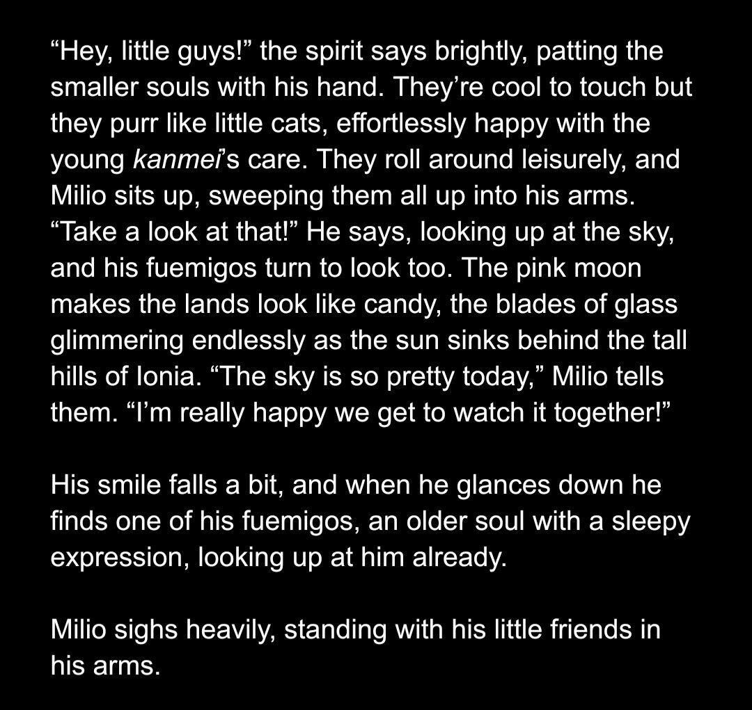 rupebutreally's tweet image. I wrote a story featuring #Milio for the @SkinematicVerse Spirit Blossom Zine!! it was a collab with @BlazeFrostdemon who made a beautiful piece to go along with it! 🪷🌙

[ #BetweenRealmsWriter ] 

&amp;gt; milio shenanigans 
&amp;gt; angst with a happy ending

archiveofourown.org/works/77461536