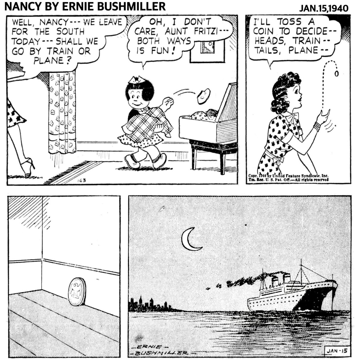 ①「ナンシー、今日バカンスに出発するけど列車と飛行機とどっちがいい？」 「どっちでもいいわ、どっちも楽しそうだし」 ②「コイントスで決めるわ。表 なら列車、裏なら飛行機よ」 Few episodes translation a day by maharamothra. Sometimes I  make mistakes.