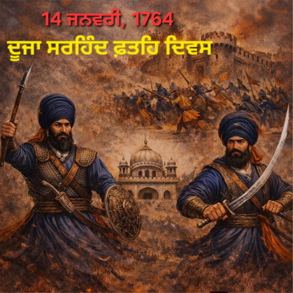 14 ਜਨਵਰੀ 1764 ਨੂੰ ਸਰਹਿੰਦ ਦੀ ਫ਼ਤਹਿ – ਸਿੱਖਾਂ ਦੀ ਸ਼ਾਨਦਾਰ ਜਿੱਤ ਹੋਈ ਸੀ। ਇਹ ਸਰਹਿੰਦ ਦੀ ਦੂਜੀ ਫ਼ਤਹਿ ਸੀ, ਜਦੋਂ ਖਾਲਸੇ ਨੇ ਮੁੜ ਜ਼ੁਲਮ ਦੇ ਗੜ੍ਹ ਨੂੰ ਢਾਹ ਦਿੱਤਾ ਸੀ .....
ਪਹਿਲੀ ਸਰਹਿੰਦ ਫ਼ਤਹਿ 
1710 ਵਿੱਚ ਬਾਬਾ ਬੰਦਾ ਸਿੰਘ ਬਹਾਦਰ ਜੀ ਦੀ ਅਗਵਾਈ ਹੇਠ ਹੋਈ ਸੀ, ਜਦੋਂ ਵਜ਼ੀਰ ਖਾਨ ਦਾ ਅੰਤ ਕਰਕੇ ਖ਼ਾਲਸਾ ਰਾਜ ਸਥਾਪਿਤ ਕੀਤਾ ਗਿਆ।