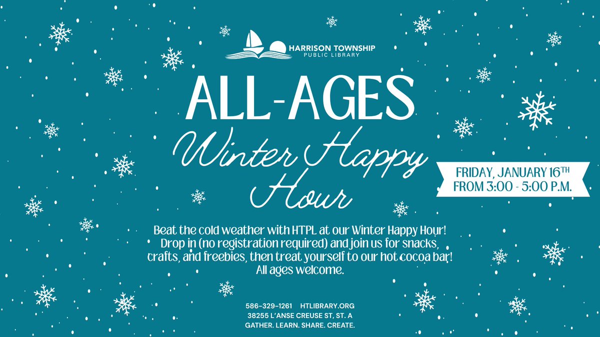 Reminder of our Winter Happy Hour this Friday afternoon! All ages are welcome to stop by, hang out with other library lovers, and enjoy some hot cocoa. See you there!☃️