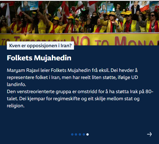 Venstreorientert???
De er en kult støttet av USA, Israel og Saudi Arabia og har tette bånd med CIA. 
Å kalle disse folka her venstreorientert er en fornærmelse til sosialistene i Iran.