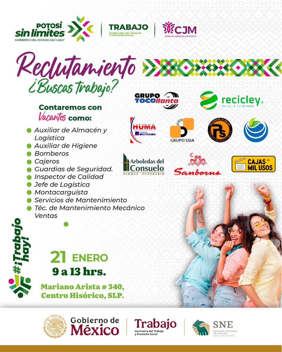 Te invitamos al próximo reclutamiento en las instalaciones del @cjmujeresslp 

📅 21 de enero
🕘 9:00 hrs
📍 Mariano Arista #340. Centro Histórico

#GobiernoDelApoyoAlTrabajo #LaSecretaríadelTrabajoTeDaTrabajo  
#Empleo #Trabajo #SLP #UnaNuevaEra #TrabajoHay