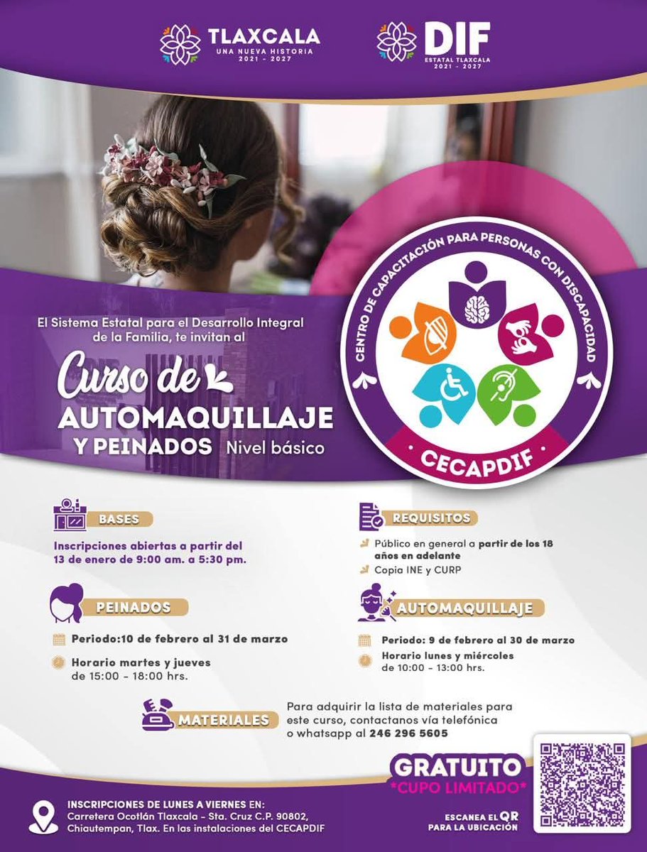 ¡Aprende a resaltar tu belleza y fortalece tus habilidades! 💄✨
El SEDIF Tlaxcala te invita al Curso de Automaquillaje y Peinados (nivel básico), un espacio de aprendizaje, inclusión y desarrollo personal.
Juntas y juntos, #TransformamosVidas.