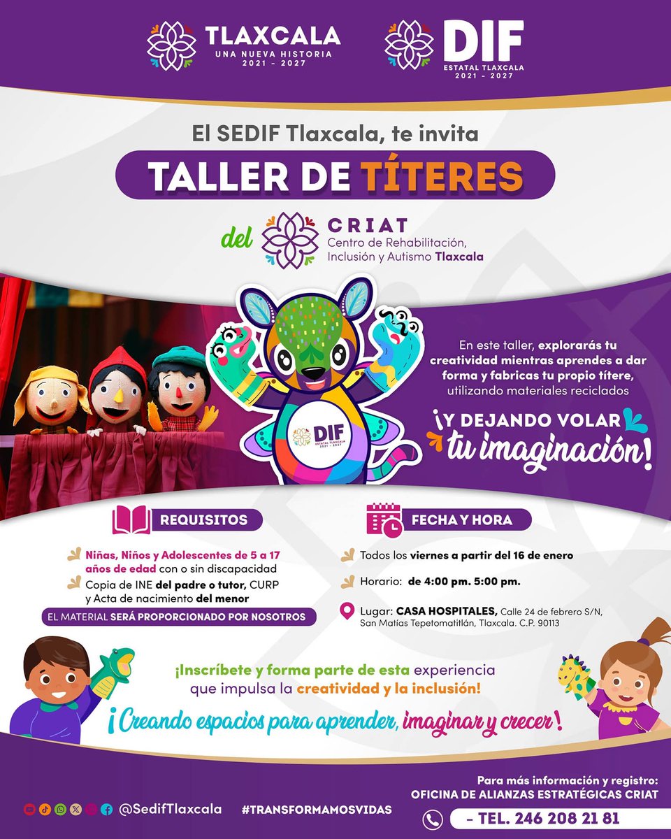 🎭✨ ¡Deja volar tu imaginación! El SEDIF Tlaxcala, a través del #CRIAT, te invita al Taller de Títeres, un espacio donde niñas, niños y adolescentes podrán crear, jugar y expresarse mientras fabrican su propio títere con materiales reciclados.
#TransformamosVidas