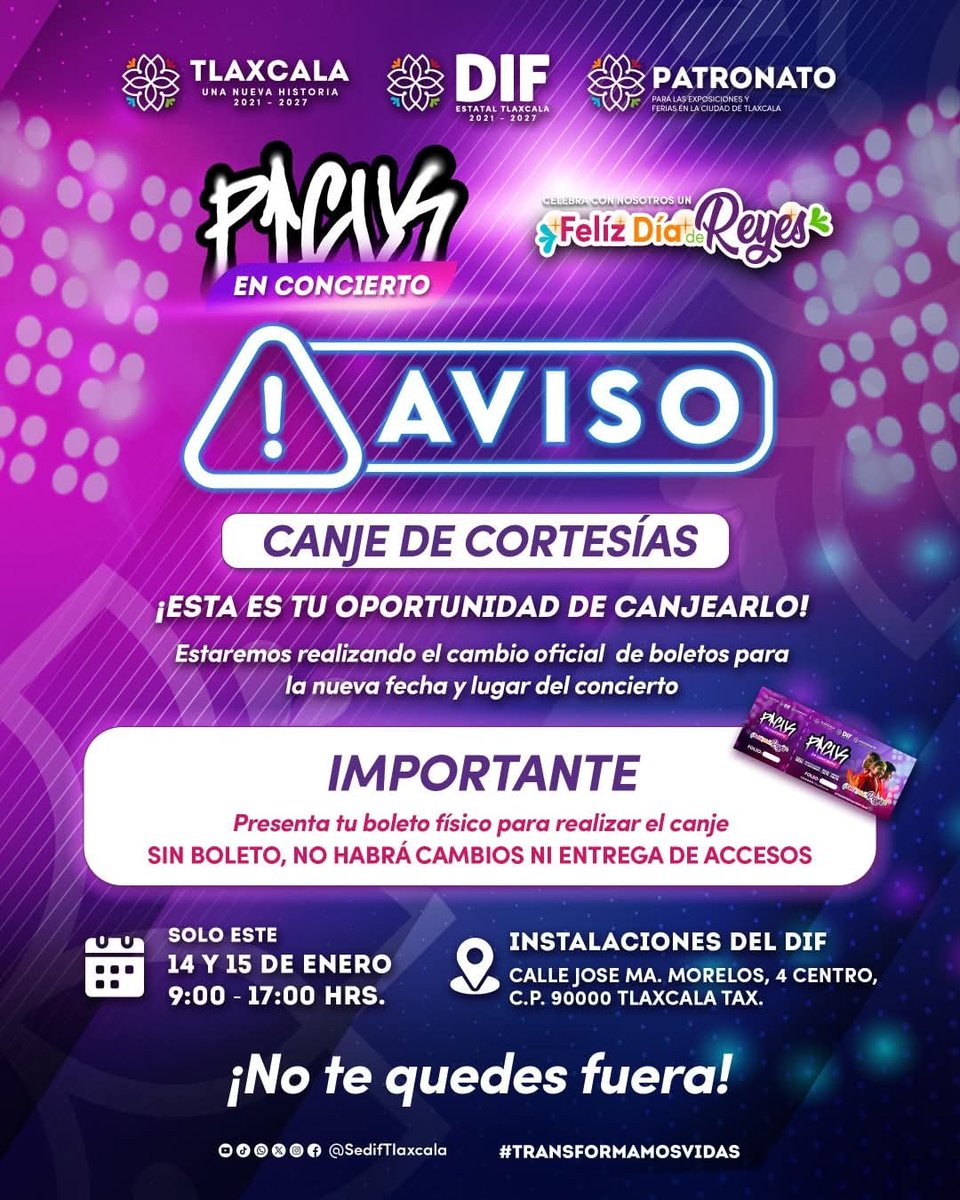 ⚠️ Aviso importante 🎟️
Si recibiste cortesías para el concierto de PICUS en la Feria ahora podrás canjearlas.
✅️Acude con tu boleto físico en las fechas y horarios indicados para realizar el canje oficial.

Sin boleto, no habrá cambios ni entrega de accesos.🤝🏻