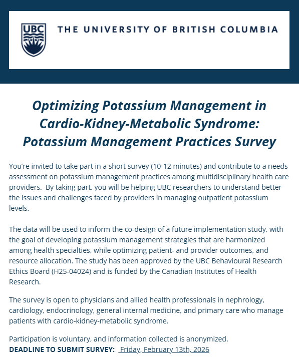 ICDC_Research's tweet photo. Calling all healthcare providers!

@UBC  researchers need your input on potassium management in cardio-kidney-metabolic syndrome.

Take the short survey (10–12 mins) and help shape future strategies 👇
https://t.co/OukF6NKKKz https://t.co/1TVzoza4uD