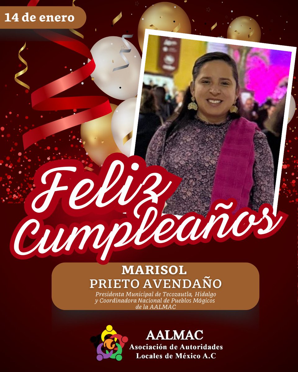 🎉🎂 ¡Feliz cumpleaños! 🎂🎉

Hoy celebramos a Marisol Prieto Avendaño, presidenta municipal de #Tecozautla, Hidalgo, y Coordinadora Nacional de Pueblos Mágicos de la AALMAC.

Le deseamos un año lleno de salud, éxitos y nuevos logros, siempre trabajando con el compromiso y