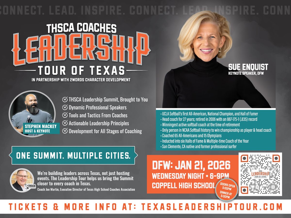 THSCAcoaches's tweet image. ONE WEEK until we kick off the Texas Coaches Leadership Tour in DFW!🤩 Don't miss out on the opportunity to hear keynote speakers Sue Enquist and Stephen Mackey next Wednesday, January 21! #TexasLeadershipTour 

For tickets and more info➡️ texasleadershiptour.com