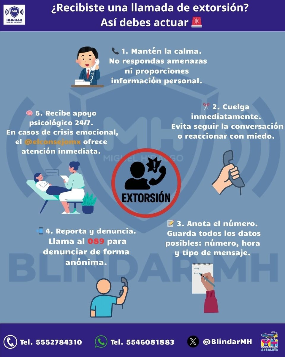 🚨 ¡No caigas en extorsiones!      
La nueva estrategia contra la extorsión trabaja en conjunto con la UIF para rastrear y bloquear las cuentas asociadas a estos delitos.        
⚠️Tu reporte es clave.     
Si recibes una llamada sospechosa:     
🗒️Reporta al 089 (Nacional).