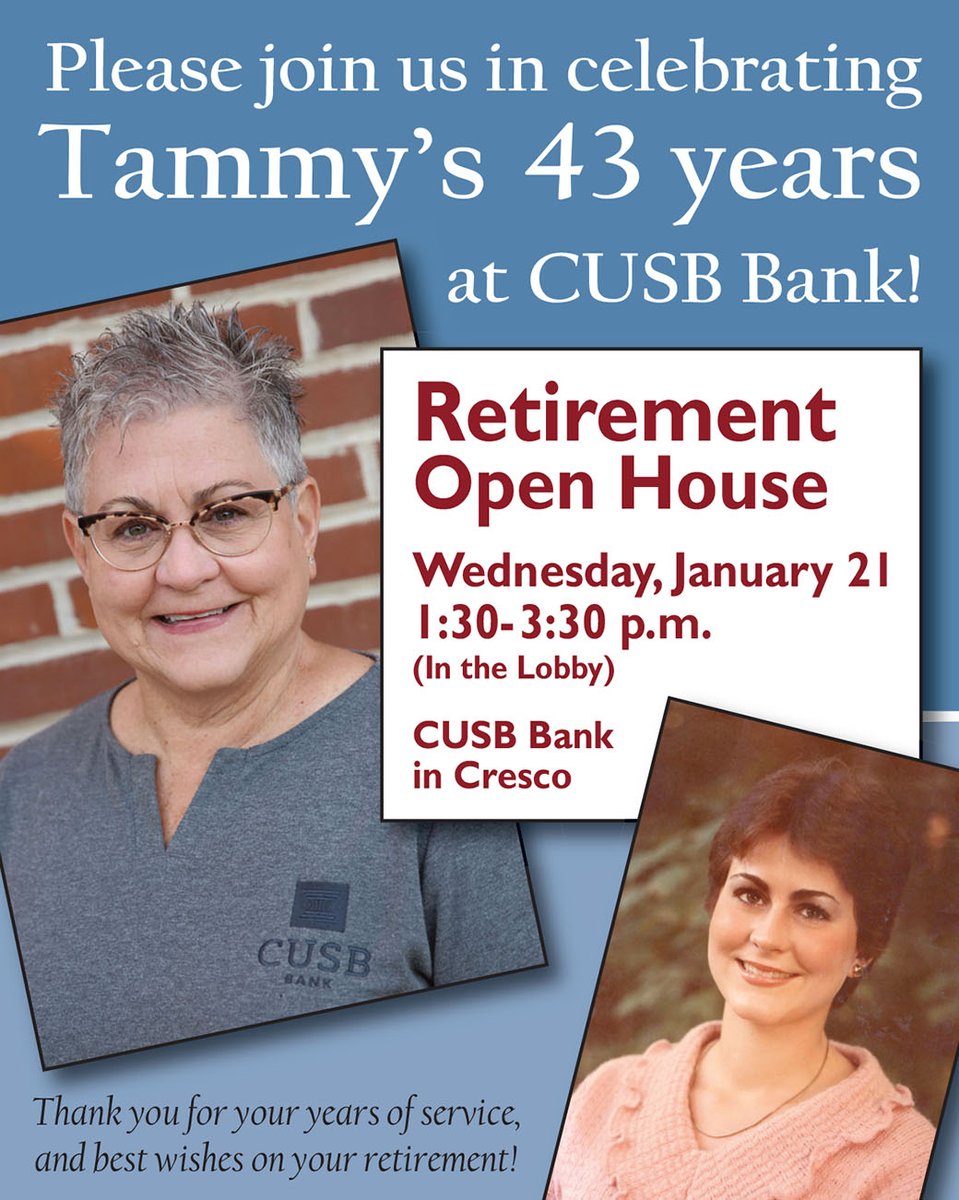 Congratulations to Tammy on her retirement from CUSB Bank in Cresco after 43 years of service! Please join us for her Retirement Open House on Wednesday, January 21st from 1:30-3:30 p.m. in the lobby of our Cresco location.