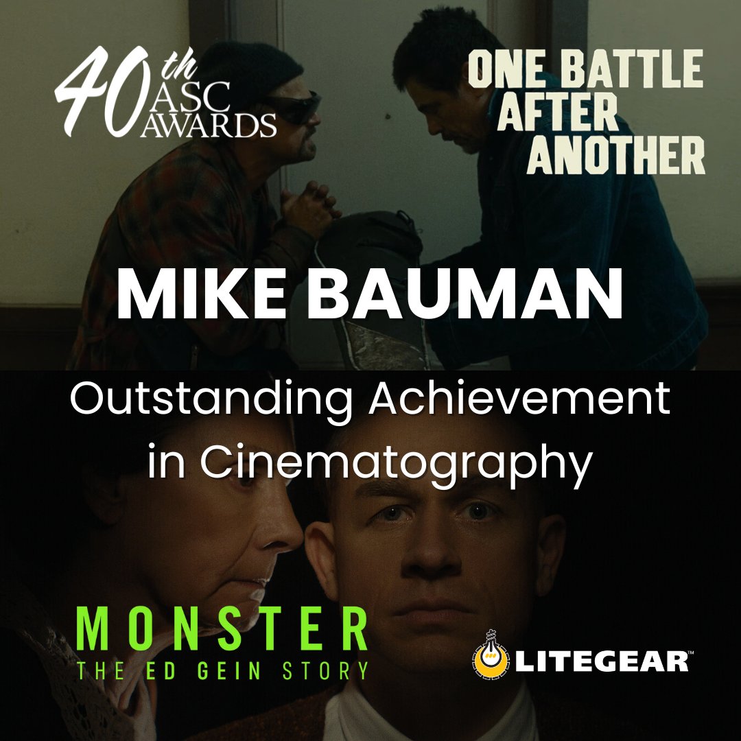 litegear's tweet image. A massive shoutout to our own Mike Bauman for his double nomination at the 40th ASC Awards! 🏆 Honored for his incredible cinematography on One Battle After Another and Monster. We couldn’t be prouder to see his artistry recognized by the ASC! 🎥✨