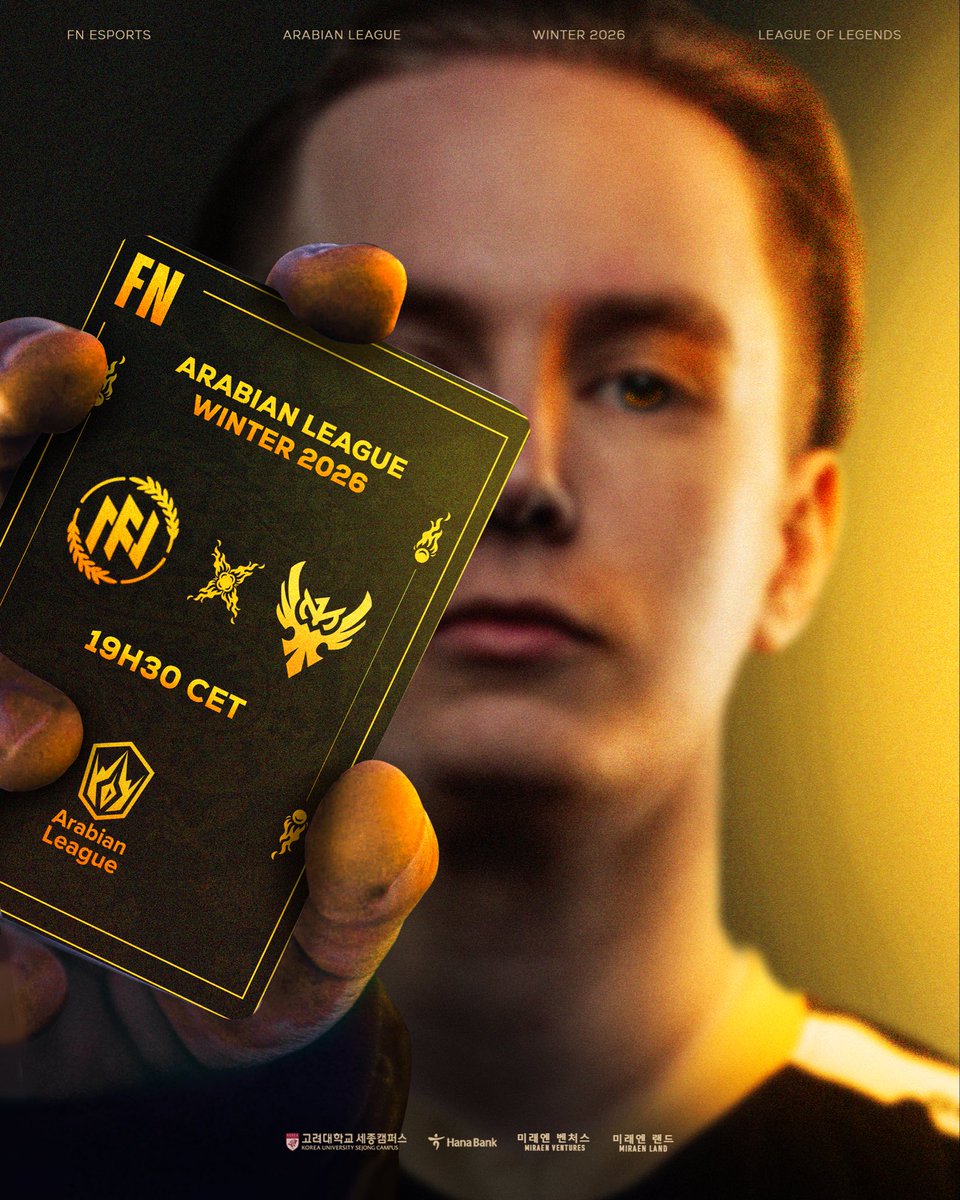 FNesportsGlobal's tweet image. 📢 GAME DAY
🏆 Arabian League — Winter 2026

It’s time. Cards on the table.
New season. New fight. ⚔️

🆚 @OneMore_esports 
⏰ CET 19:30 | KST 03:30 | EST 13:30
📺 Live : twitch.tv/lolesports_ar

#GAMEDAY #ArabianLeague #LeagueOfLegends #FNEsports #FNRising