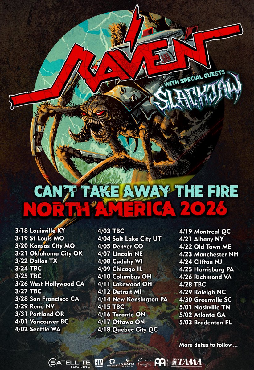 slackjawmetal's tweet image. 🔥 NORTH AMERICA 2026 TOUR DATES 🔥 We are excited to hit the road with @official_raven 🤘Visit our website for more details, ticket purchases and venue information. More details &amp;amp; dates TBC. GET TICKETS NOW - slackjawband.com/schedule