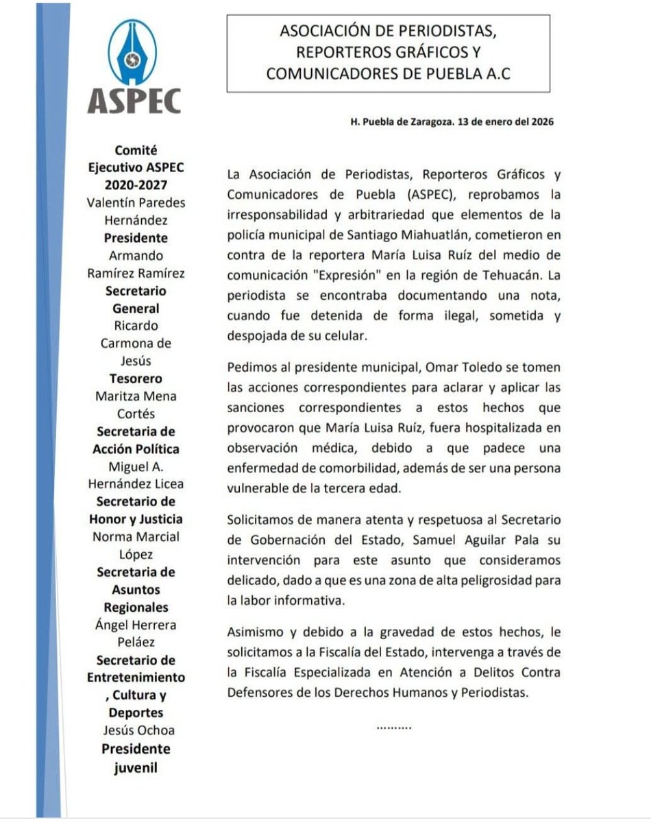 La <a href="/ASPEC_AC/">ASPEC AC</a> reprueba la agresión de que fue objeto nuestra compañera reportera María Luisa Ruiz en inmediaciones de Miahuacán. No podemos permitir que intenten silenciar El ejercicio del periodismo.