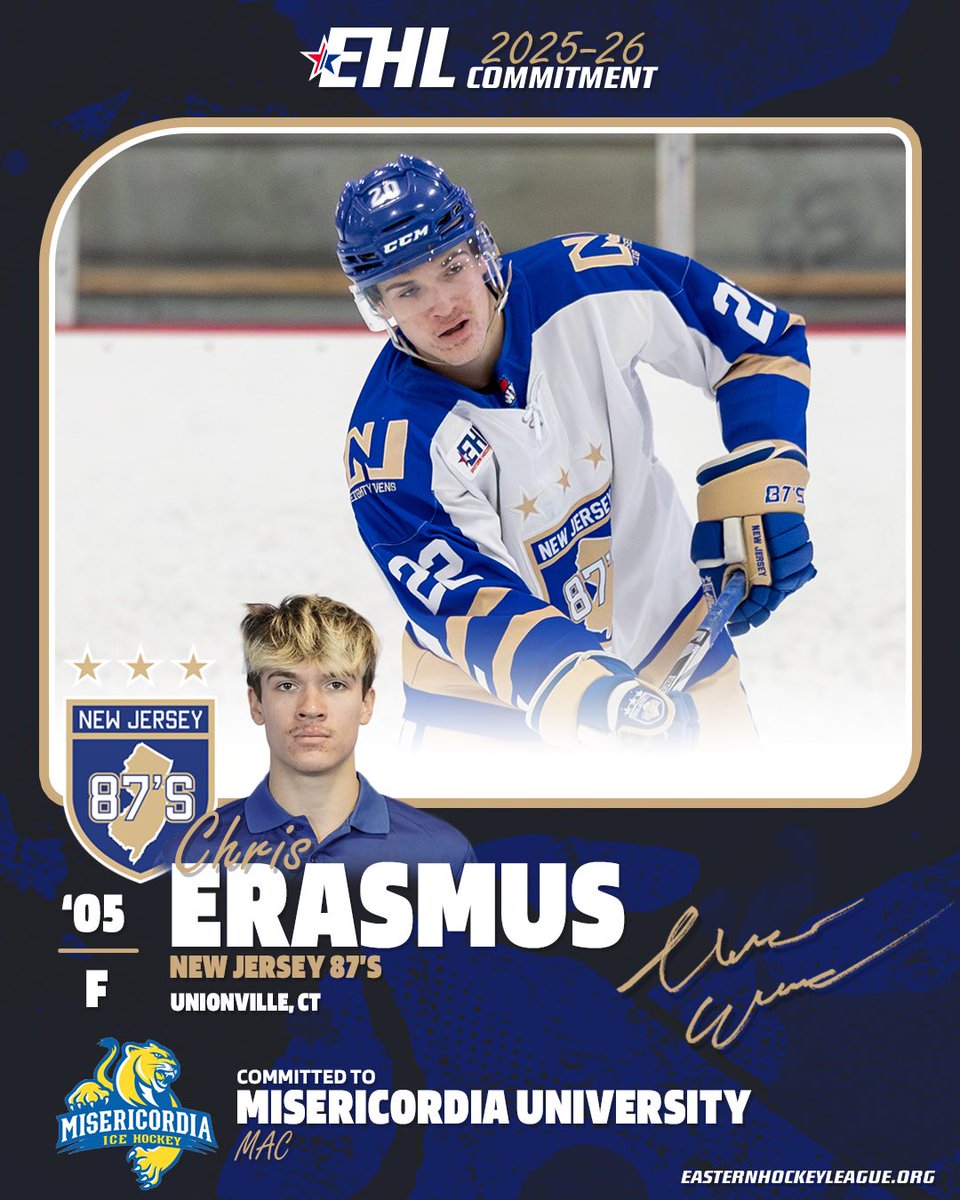 EHL_Hockey's tweet image. Chris Erasmus Commits to Misericordia University. 

@NJ87sEHL Forward Climbs Ladder of Development, will join Cougars for the 2026-2027 Season

@EHLpremier 

🔗: easternhockeyleague.org/2026/01/chris-…

#WherePlayersComeFirst | #DevelopPromoteAdvance