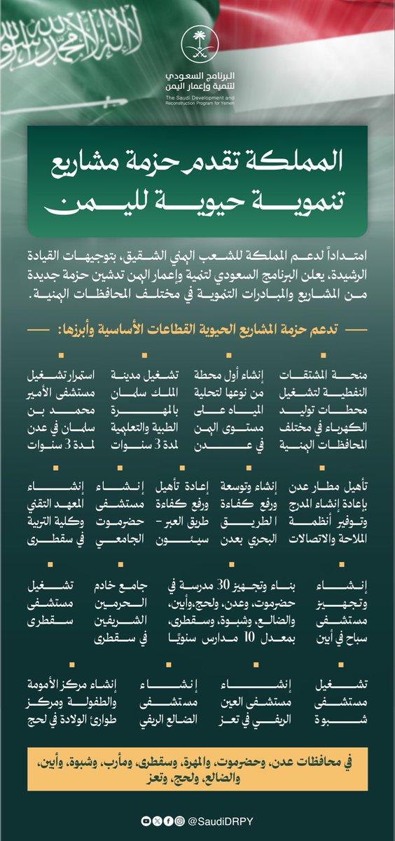 دعم سعودي تنموي بقيمة 1.9 مليار ريال سعودي لـ #اليمن..

امتداداً لدعم المملكة العربية #السعودية للشعب اليمني الشقيق؛ وبتوجيهات خادم الحرمين الشريفين الملك سلمان بن عبدالعزيز آل سعود، وصاحب السمو الملكي الأمير محمد بن سلمان بن عبدالعزيز ولي العهد رئيس مجلس الوزراء - حفظهما الله -