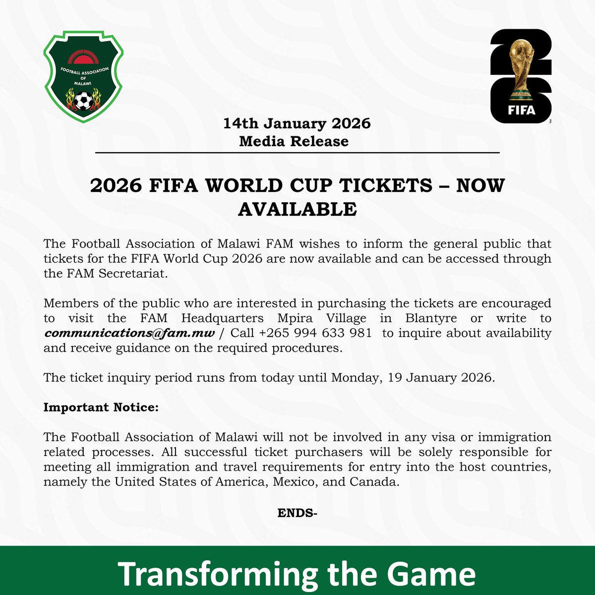 FaMalawi's tweet image. World Cup tickets are now available.