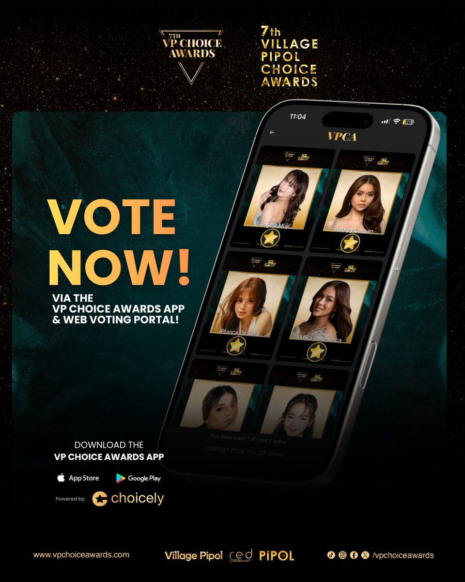 vpchoiceawards's tweet image. PIPOL, the power is in your hands. Cast your votes now for the 7th VP Choice Awards—PIPOL Face of the Year and PIPOL Sexiest of the Year—via the VP Choice Awards App or through the Web Voting Portal at
 vpchoiceawards.com/webvote, powered by @choicelyapp .

For a seamless voting…