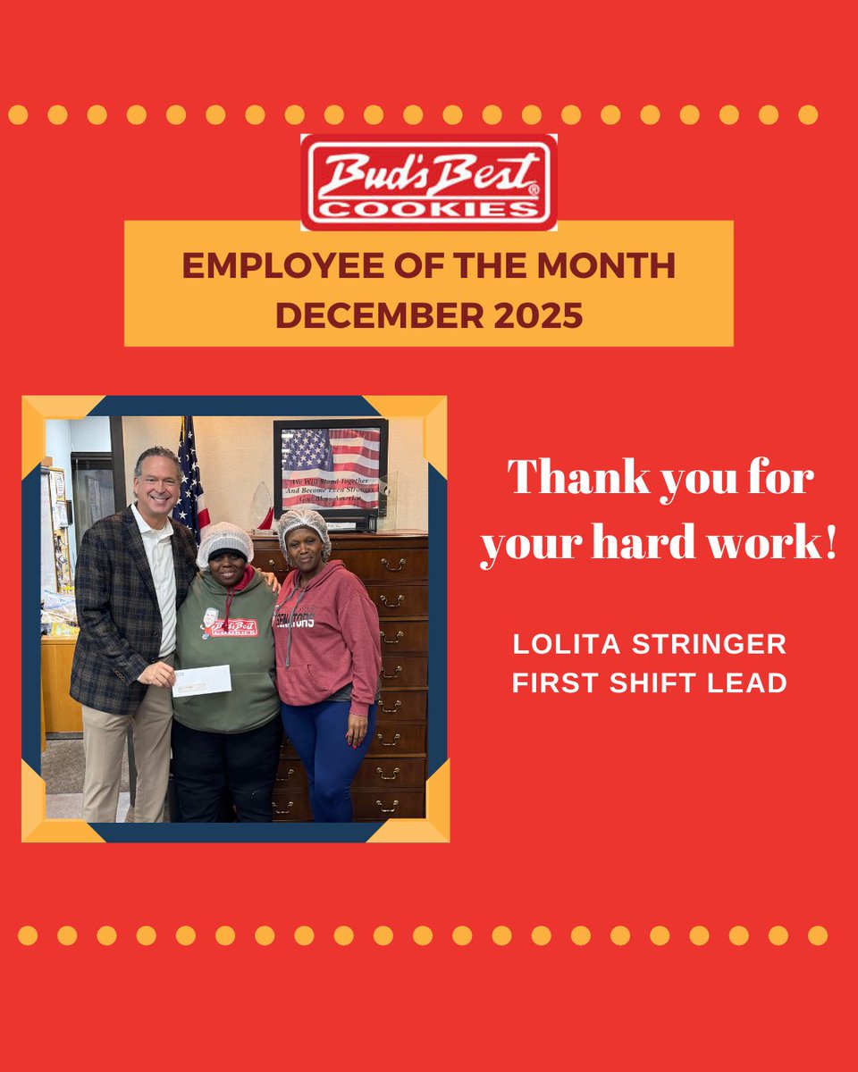 Congratulations to Lolita Stringer, First Shift Lead at Bud’s Best Cookies! Her leadership, reliability, and teamwork help keep production running strong and our cookies tasting their best. Thank you for all that you do! #LittleCookieBigTaste