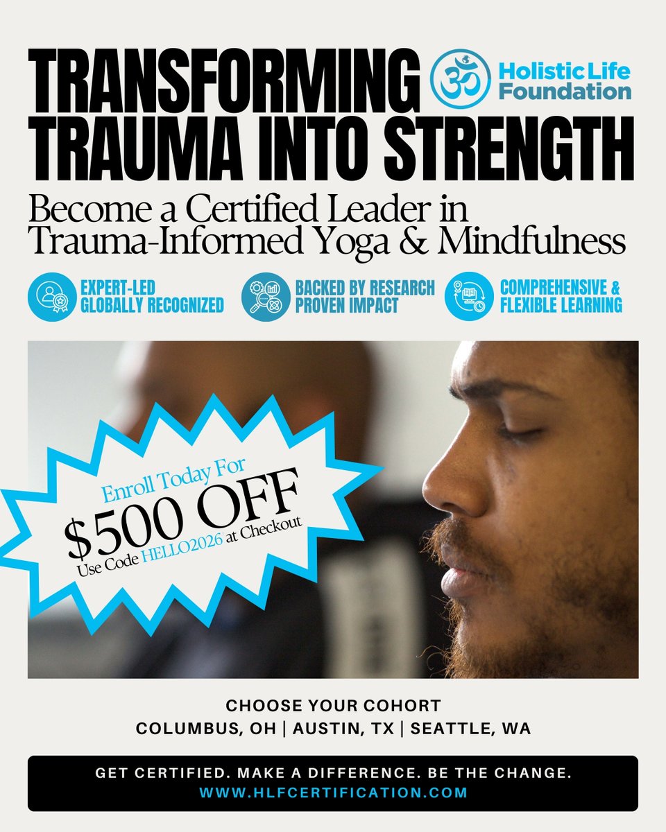 HLFINC's tweet image. New Year. New Purpose. 🧘🏽‍♂️✨
Become a certified leader in trauma-informed yoga &amp;amp; mindfulness with HLF’s globally recognized program.
Retreats in Columbus (Jan 23–25), Austin (Feb 6–8), Seattle (Feb 27–Mar 1)
🎁 $500 off w/ code HELLO2026
hlfcertification.com
#TraumaInformed