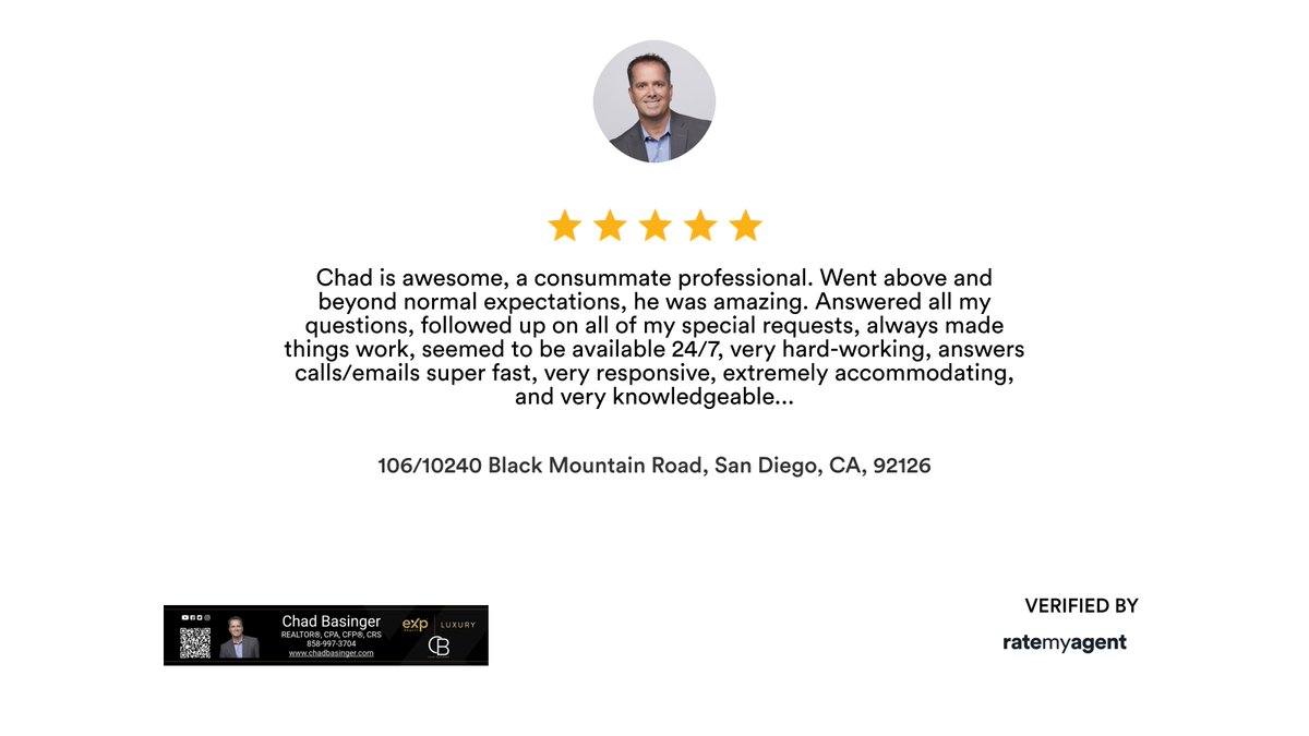 ChadBasinger's tweet photo. My latest RateMyAgent review in San Diego.
CA DRE REALTOR 01817600
https://t.co/AbSJkFQ1dK

...
#ratemyagent #realestate #sandiegorealtor #agentreviews #powayrealestateagent https://t.co/jj8Dbq1BnR