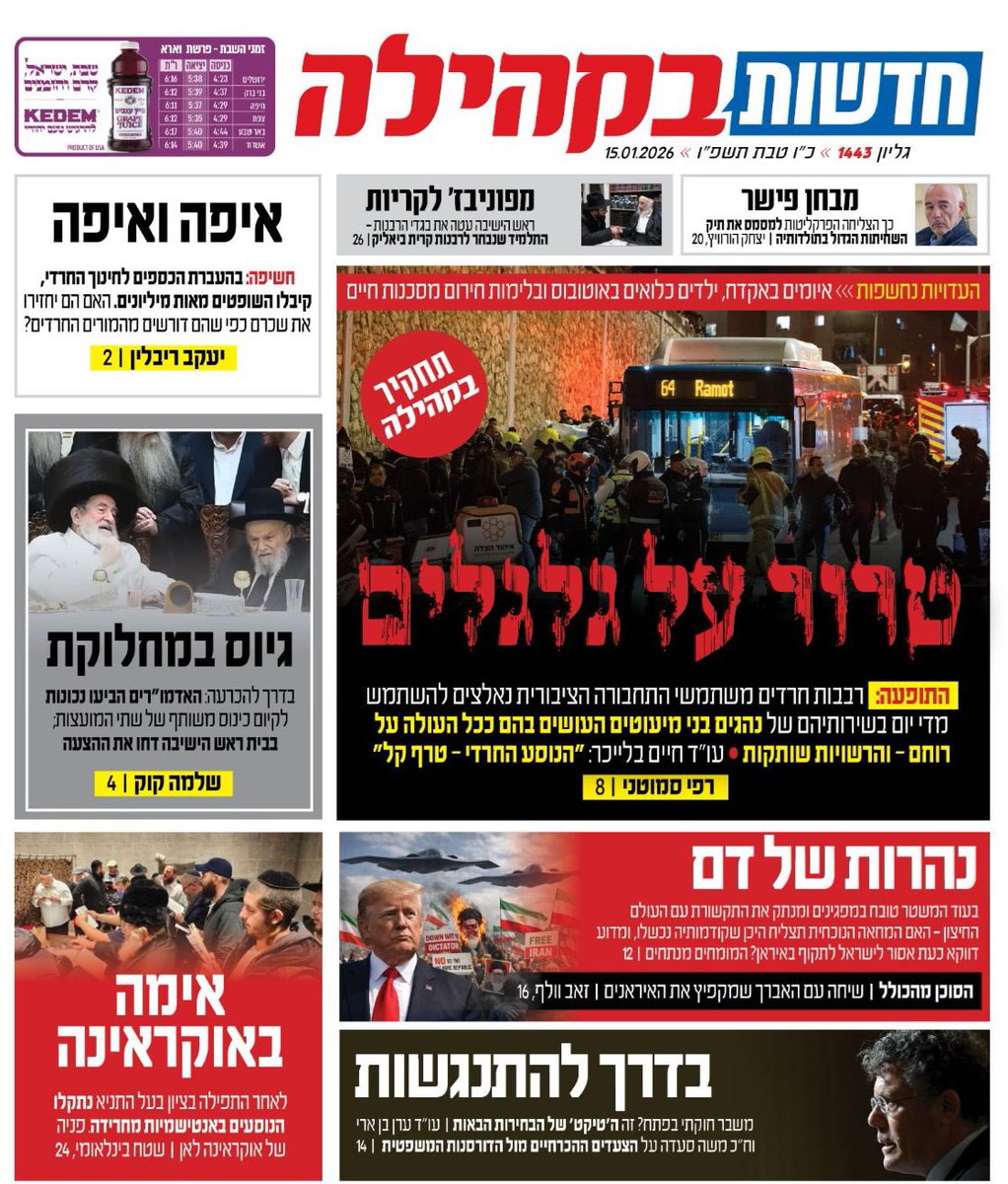 תחקיר הטרור באוטובוסים.
הצביעות של השופטים.
הפסגה שלא התקיימה.
ראיון עם האברך שמקפיץ את האיראנים.
פרידה מלופוליאנסקי.
ושיחה עם הרבי שמקונן על השריפה ברוז׳ין.
שער <a href="/bakehila_n/">עיתון בקהילה - הדף הרשמי</a> #חדשותבקהילה